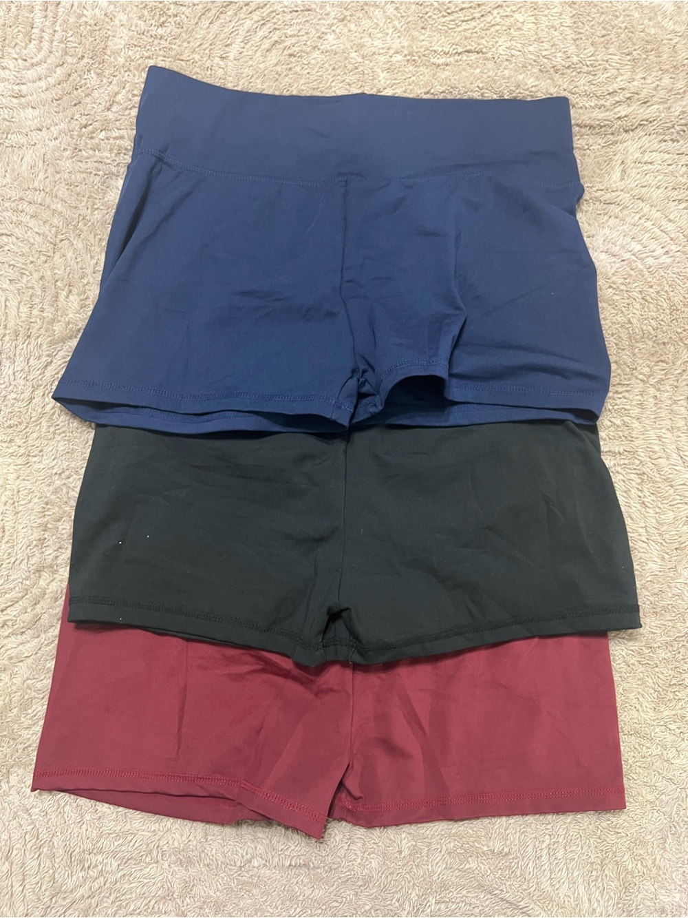 Seamless High-Waist Shorts Trio — Navy, Black & Burgundy